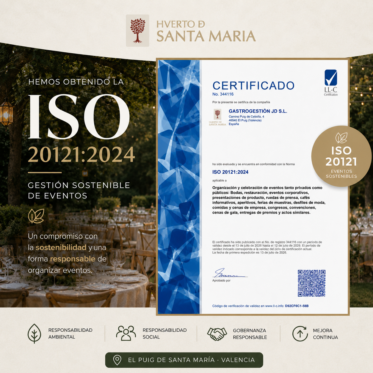Lee más sobre el artículo Huerto de Santa María obtiene la certificación ISO 20121:2024 en gestión sostenible de eventos